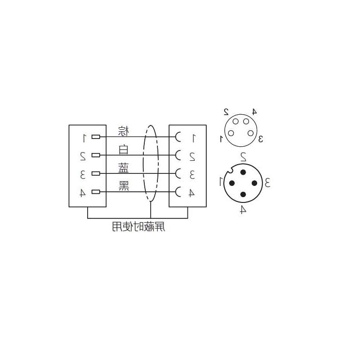 M8 4Pin 母头90°转M12 4Pin 公头直型、双端预铸防焊渣PUR柔性电缆、橙色护套、63T281-XXX